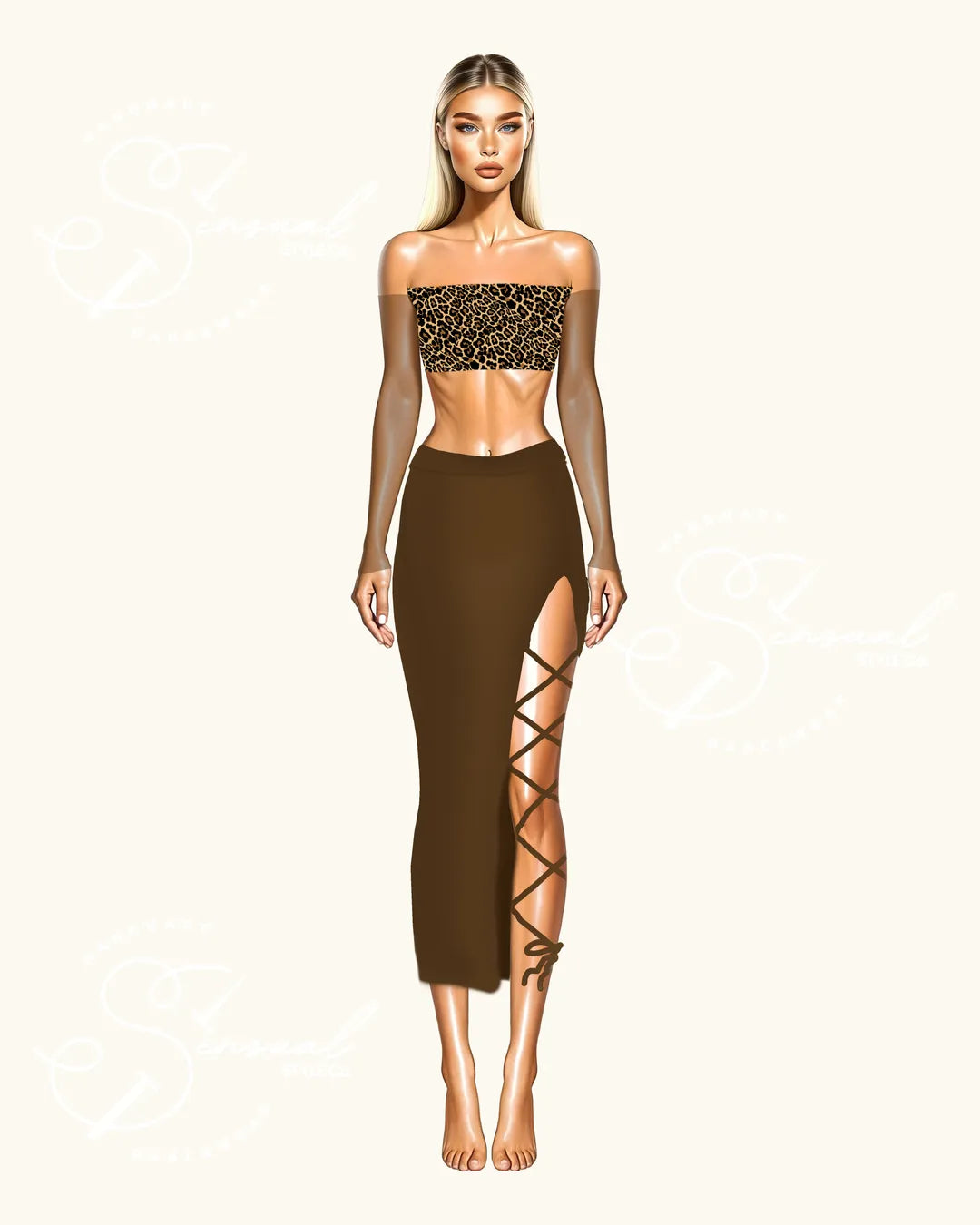 Woman wearing a leopard print top and brown skirt with lace-up sides on a white background