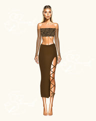 Woman wearing a leopard print top and brown skirt with lace-up sides on a white background